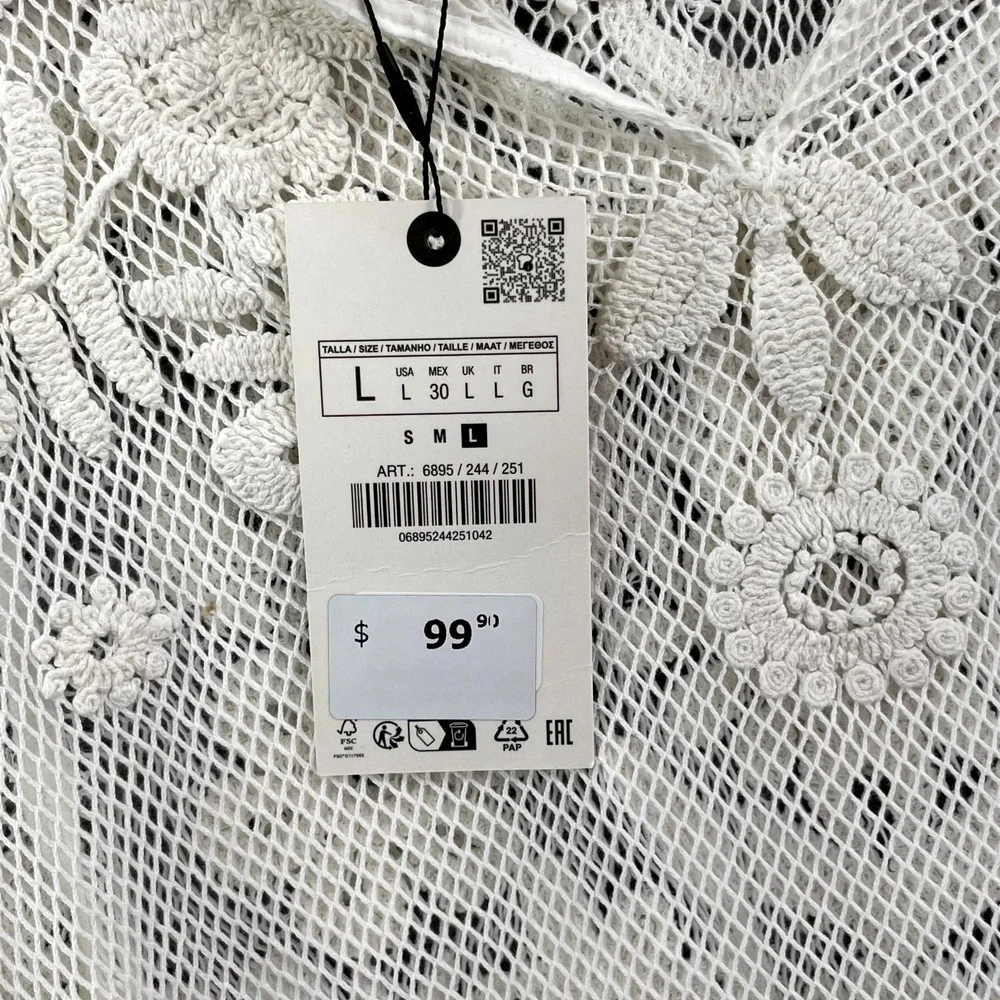 ZARA Crochet Top Womens Large White Floral Embroidered Preppy Classic Minimalist